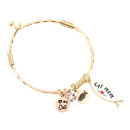 "CAT MOM" CHARM CUFF BRACELET- MATTE GOLD