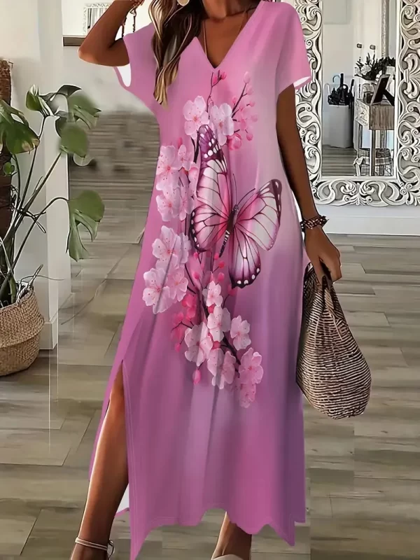 Elegant Floral Print V-Neck Dress For Women