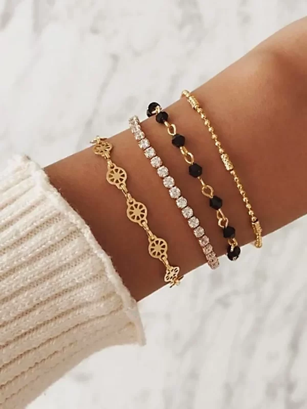 Rhinestone & Bead Bracelet Set 4pcs